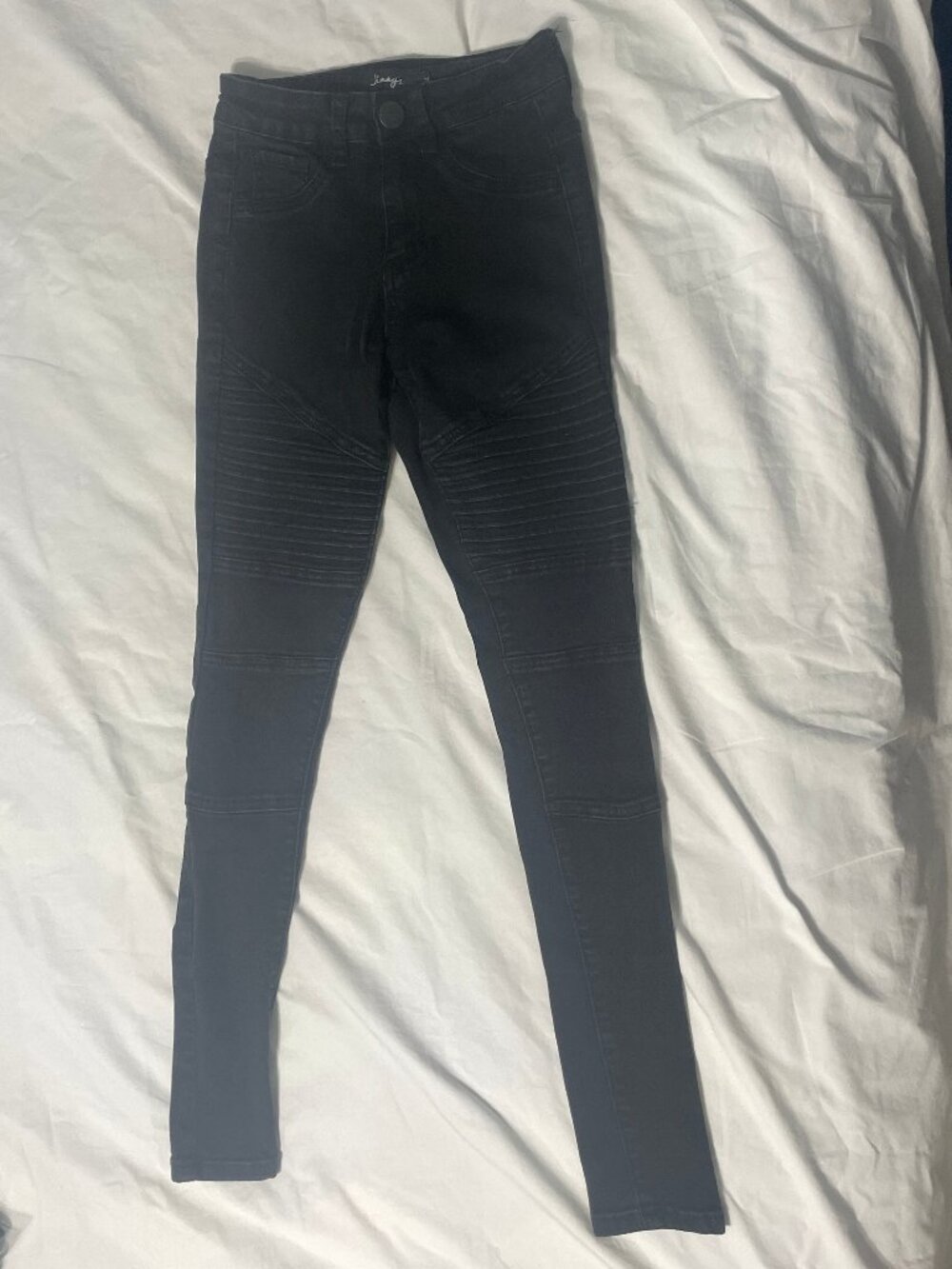 Womens Sz 24 Jimmy's Black Skinny Moto Biker Jeans Ribbed Pleated Panels Faded